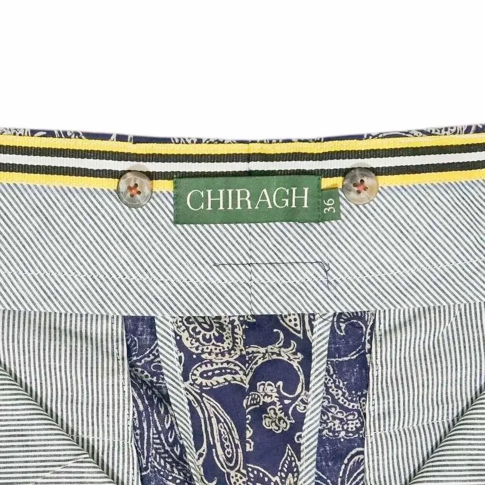 Mens Gurkha Pants 36 Blue Beige Paisley Chino Trousers Straight Fit Flat Front